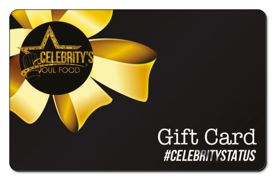 Celebrity's Soul Food logo in black circle featured on a yellow ribbon in left upper corner, "gift card" and "hashtag cele
